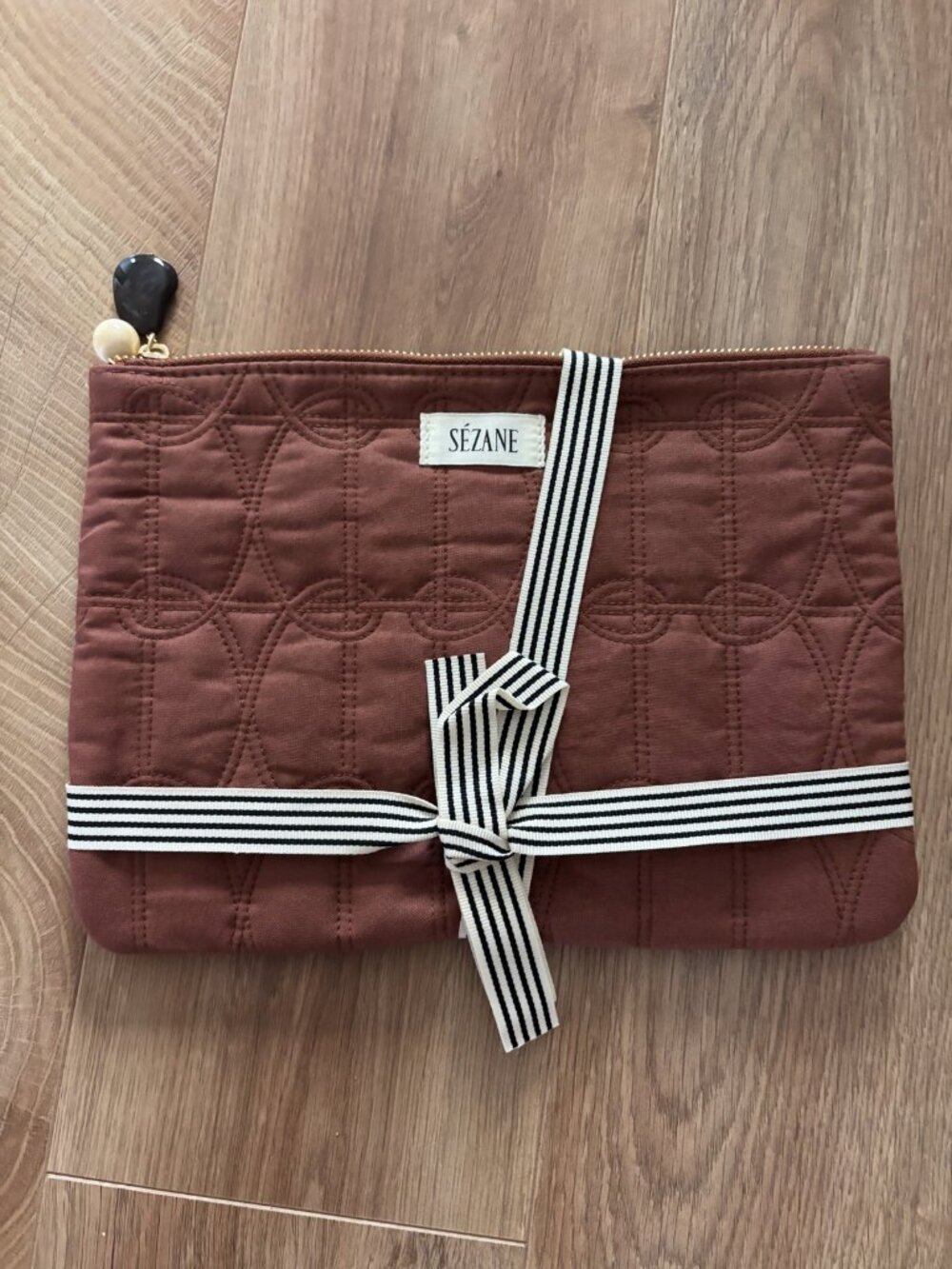 New Brown Quilted Sézane Pouch with Embossed Geometric Patterns